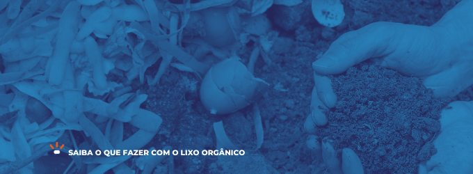 Resíduos de alimentos como casca de ovo e cascas de legumes e uma mão com terra mostrando a importância da compostagem para reaproveitamento do lixo orgânico