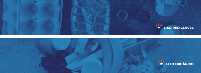 Representação de lixo reciclável como plástico, embalagem de ovo e tampas de garrafas e representação de lixo orgânico, como casca de ovo, casca de banana e pó de café